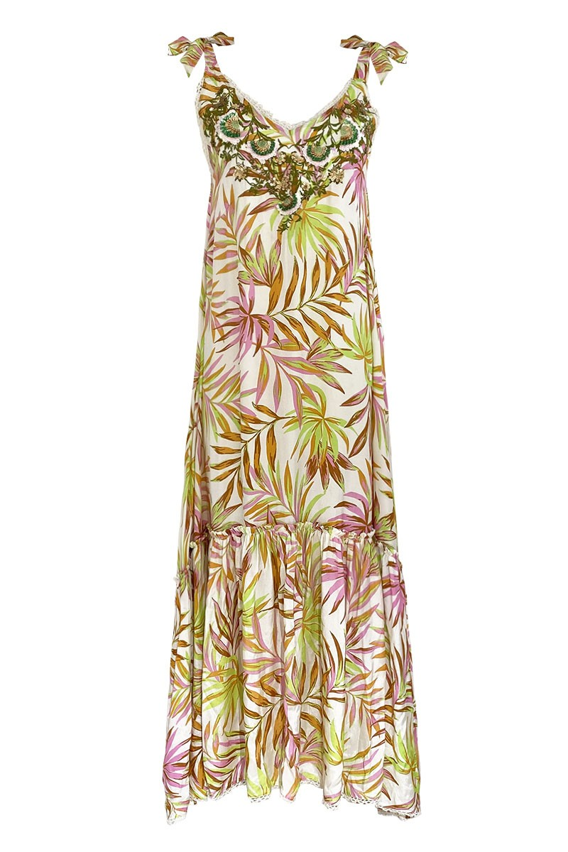 Load image into Gallery viewer, Detail of Neon Tropical Pattern on Miss June Tropical Dress
