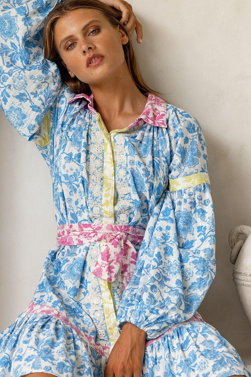 Button Down Floral Midi Shirt Dress - Dress Joanne Blue
