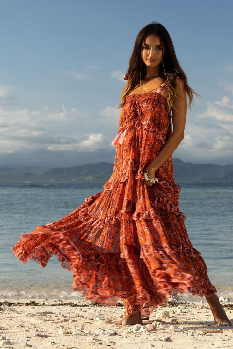 Leaf Print Dress - Designer Tropical - Vanessa Burnt Orange