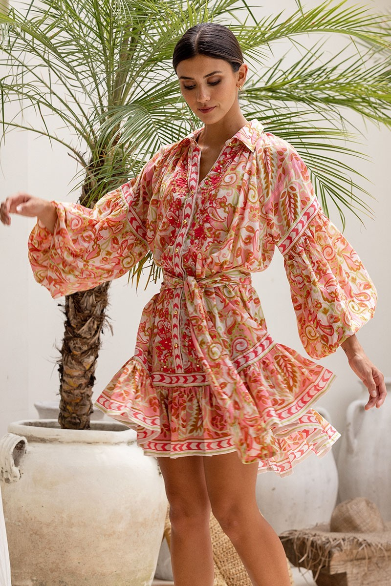 Summer Tunic Dress - Tropical Paisley Button Up Shirt Dress - Elsa