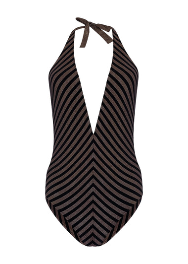Halter Neck Bathing Suit in Black/Gold - One Piece