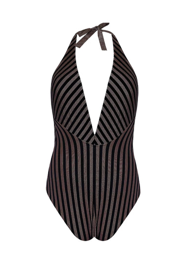 Halter Neck Bathing Suit in Black/Gold - One Piece