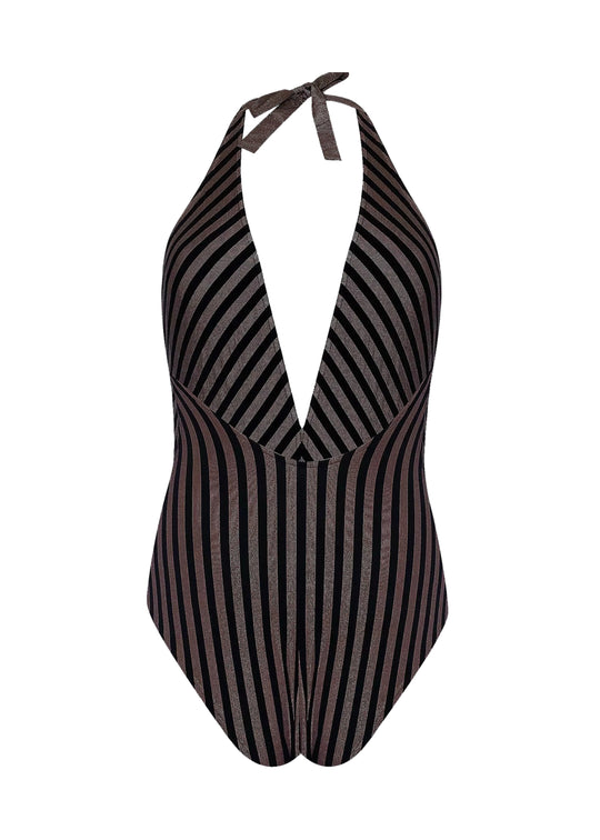 Load image into Gallery viewer, Halter Neck Bathing Suit in Black/Gold - One Piece
