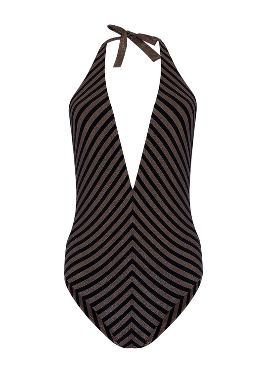 Load image into Gallery viewer, Halter Neck Bathing Suit in Black/Gold - One Piece
