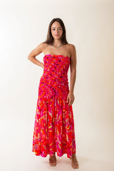 Flying Birds Orange Strapless Midi Dress