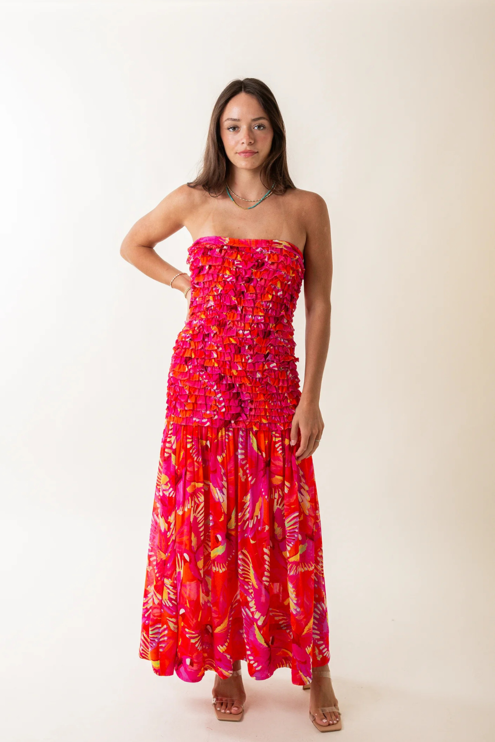 Flying Birds Orange Strapless Midi Dress