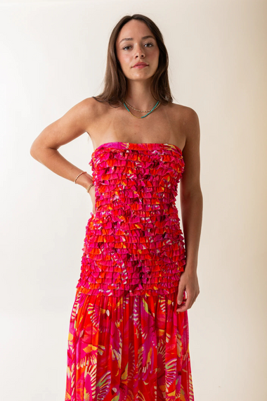 Flying Birds Orange Strapless Midi Dress
