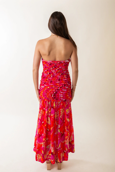 Flying Birds Orange Strapless Midi Dress