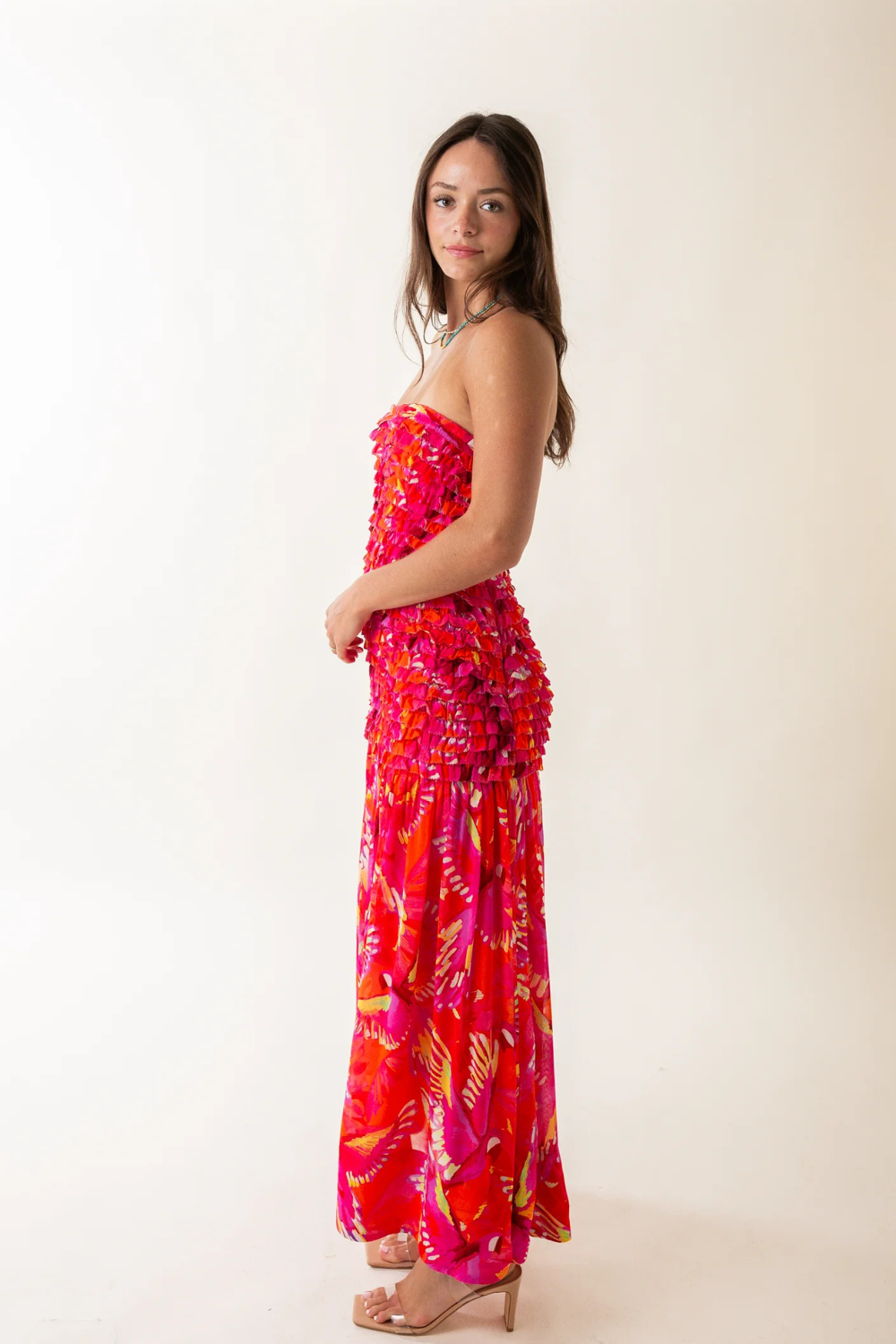 Load image into Gallery viewer, Flying Birds Orange Strapless Midi Dress

