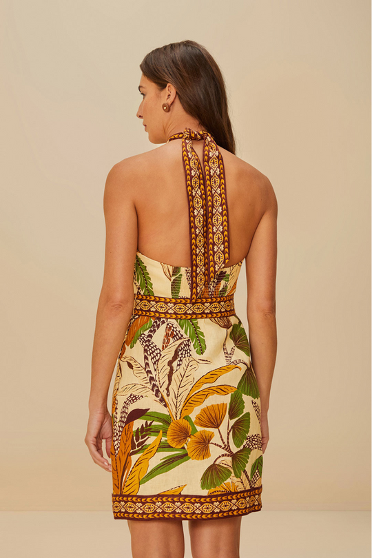 Foliage Sketch Sand Halter Neck Mini Dress