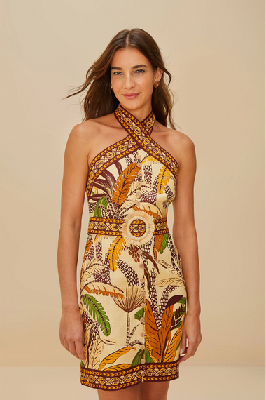 Foliage Sketch Sand Halter Neck Mini Dress