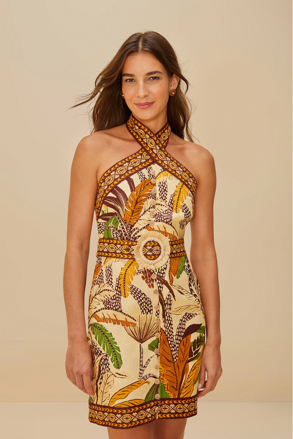 Load image into Gallery viewer, Foliage Sketch Sand Halter Neck Mini Dress
