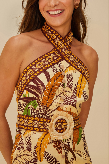 Foliage Sketch Sand Halter Neck Mini Dress