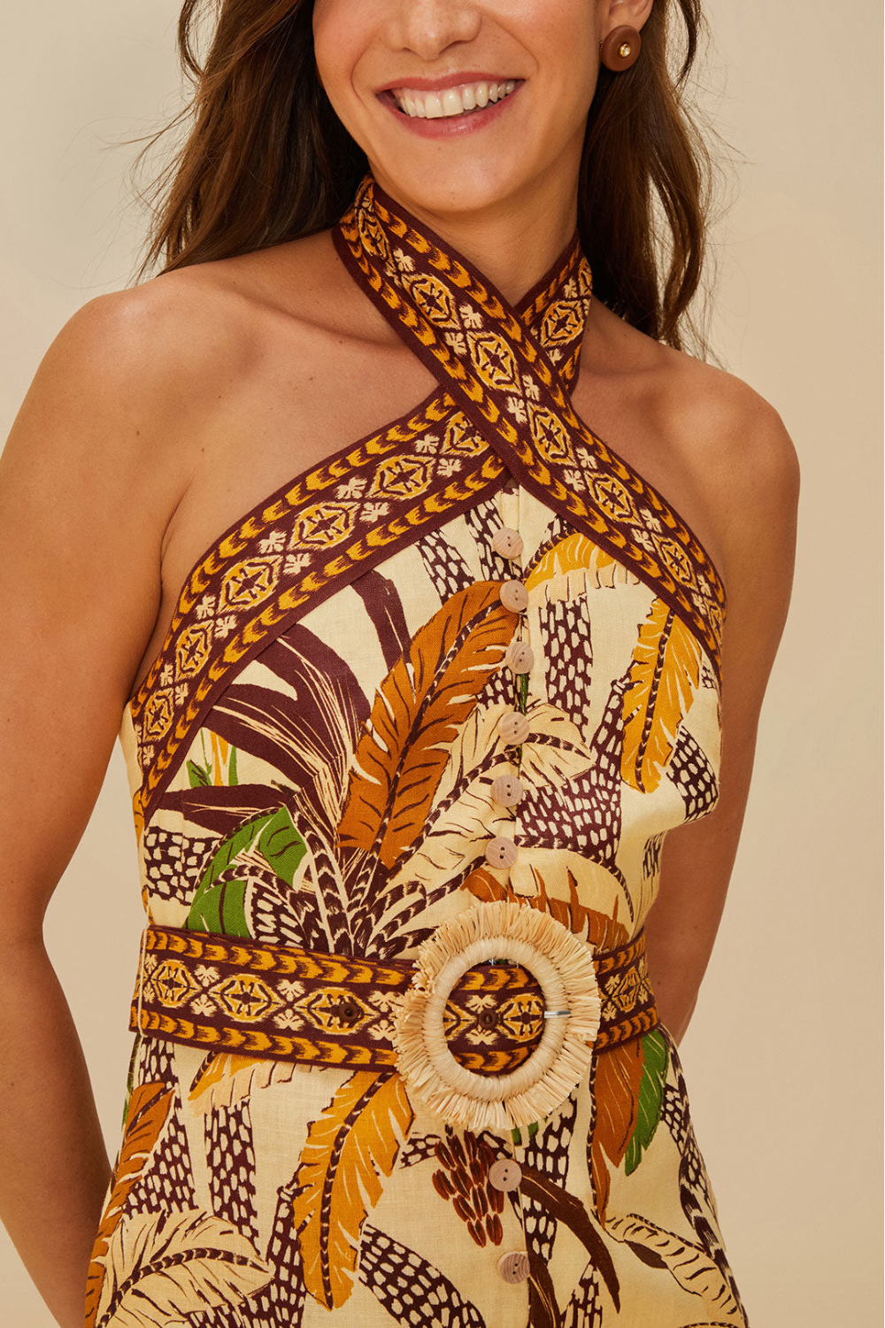 Load image into Gallery viewer, Foliage Sketch Sand Halter Neck Mini Dress
