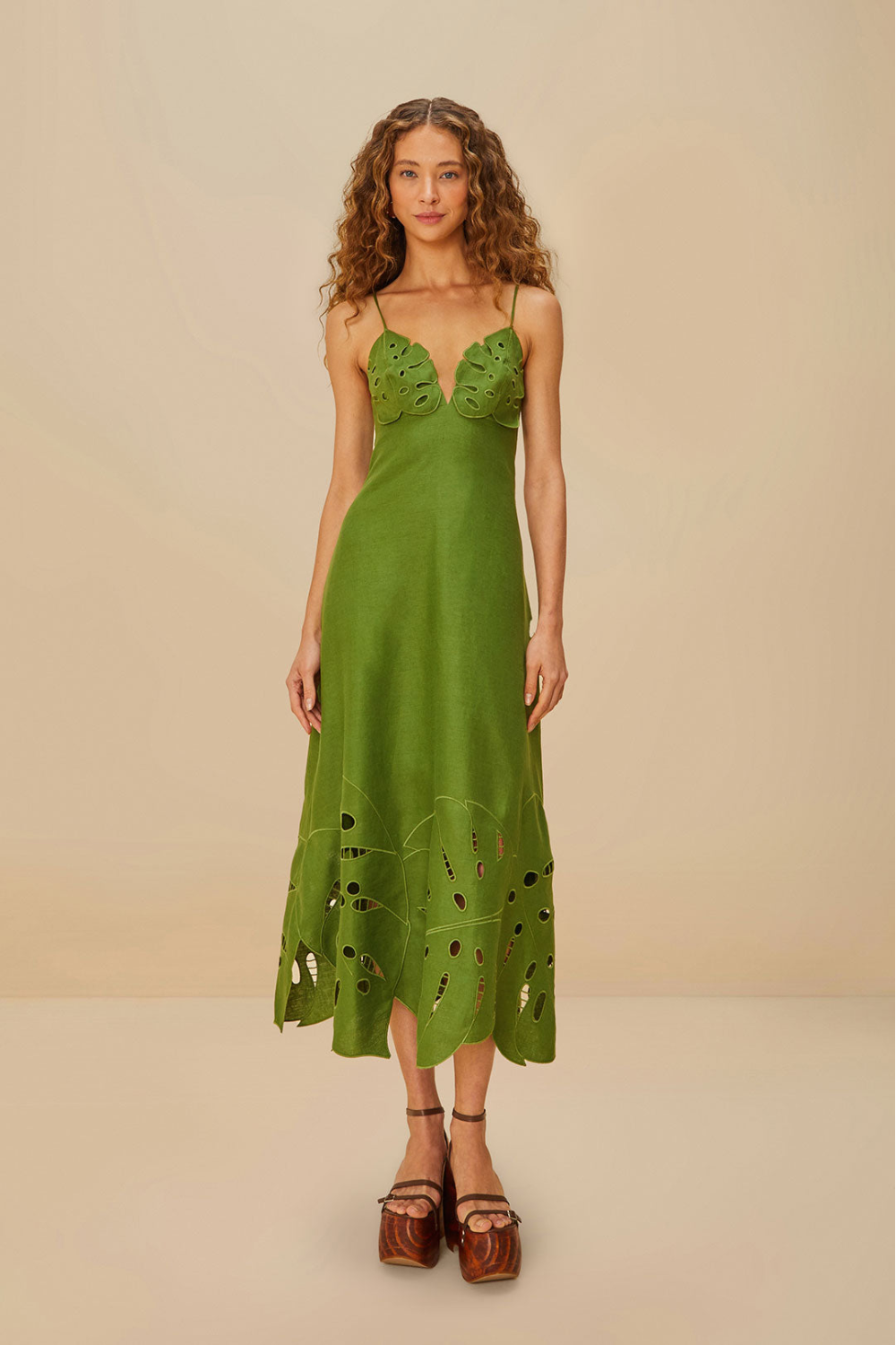 Load image into Gallery viewer, Green Monstera Embroidery Midi Dress
