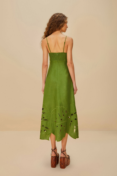 Green Monstera Embroidery Midi Dress