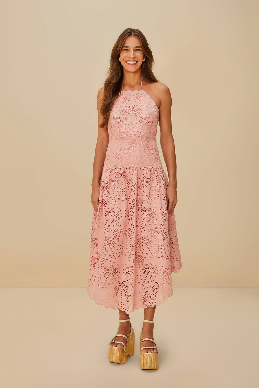 Load image into Gallery viewer, Palm Tree Eyelet Blush Pink Midi Dress Sleeveless
