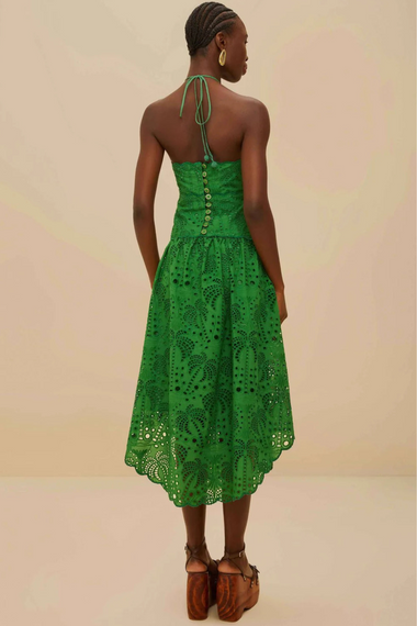 Palm Tree Eyelet Green Midi Dress Sleeveless