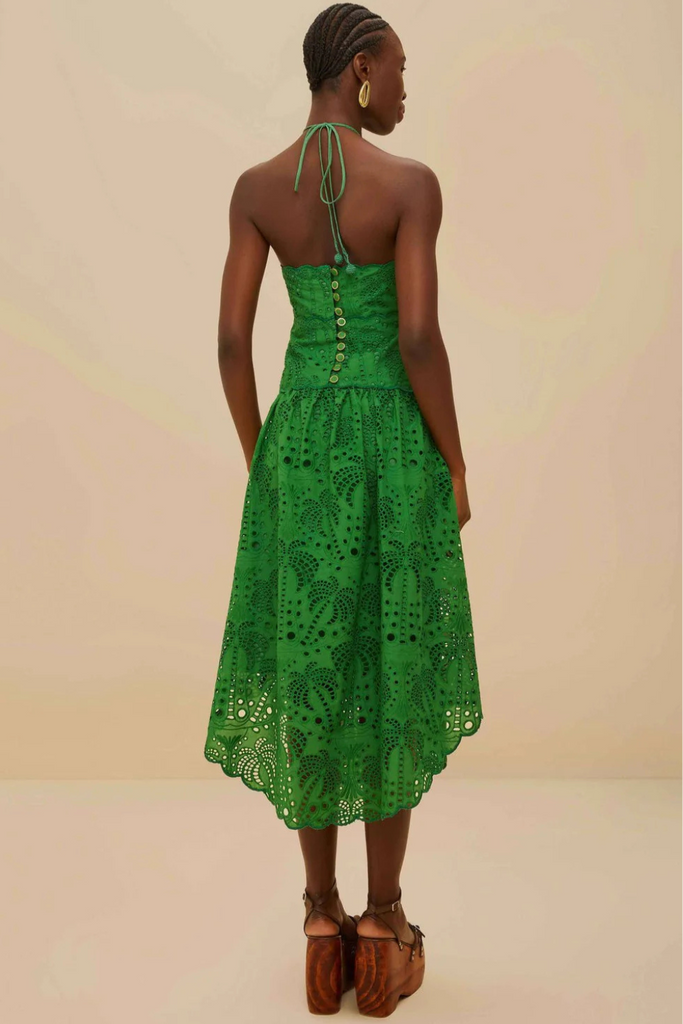 Palm Tree Eyelet Green Midi Dress Sleeveless