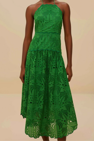 Palm Tree Eyelet Green Midi Dress Sleeveless
