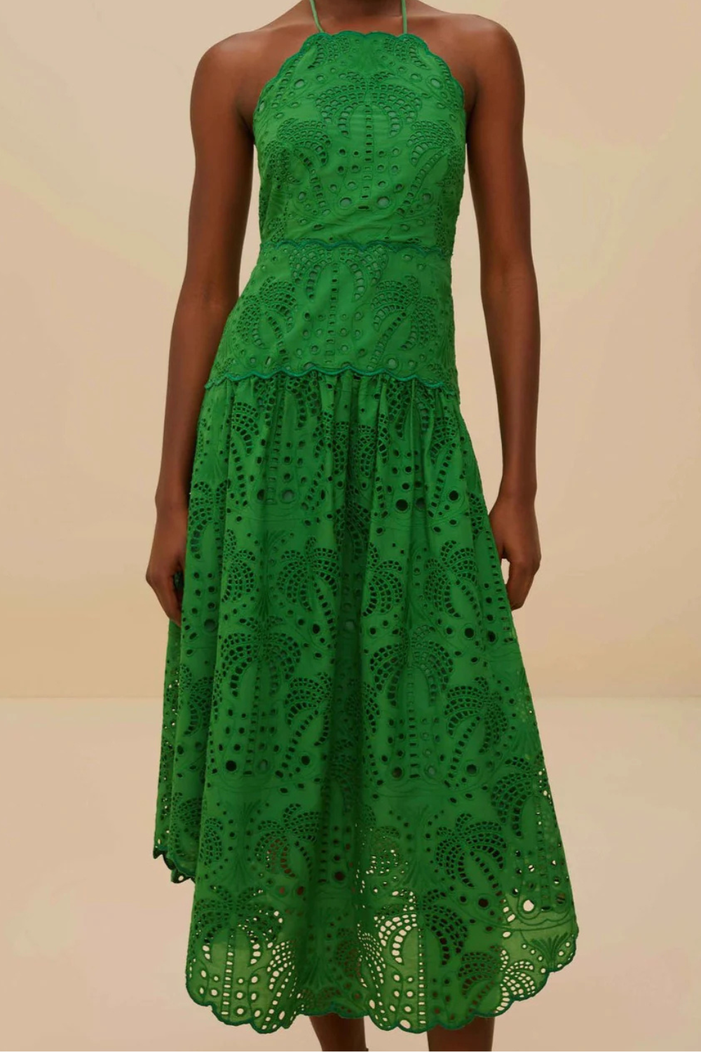 Load image into Gallery viewer, Palm Tree Eyelet Green Midi Dress Sleeveless
