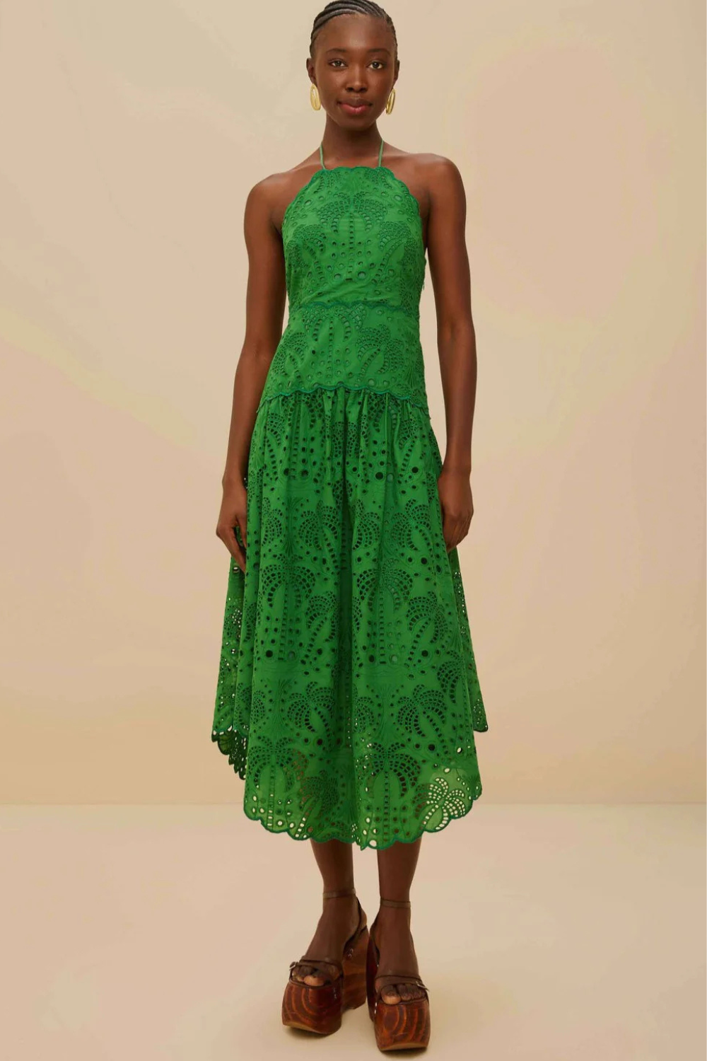 Load image into Gallery viewer, Palm Tree Eyelet Green Midi Dress Sleeveless
