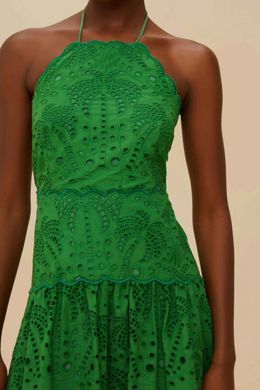 Palm Tree Eyelet Green Midi Dress Sleeveless