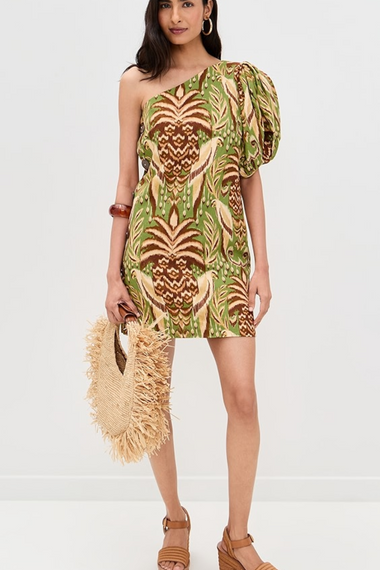 Pineapple Tapestry Green One Shoulder Buttoned Mini Dress