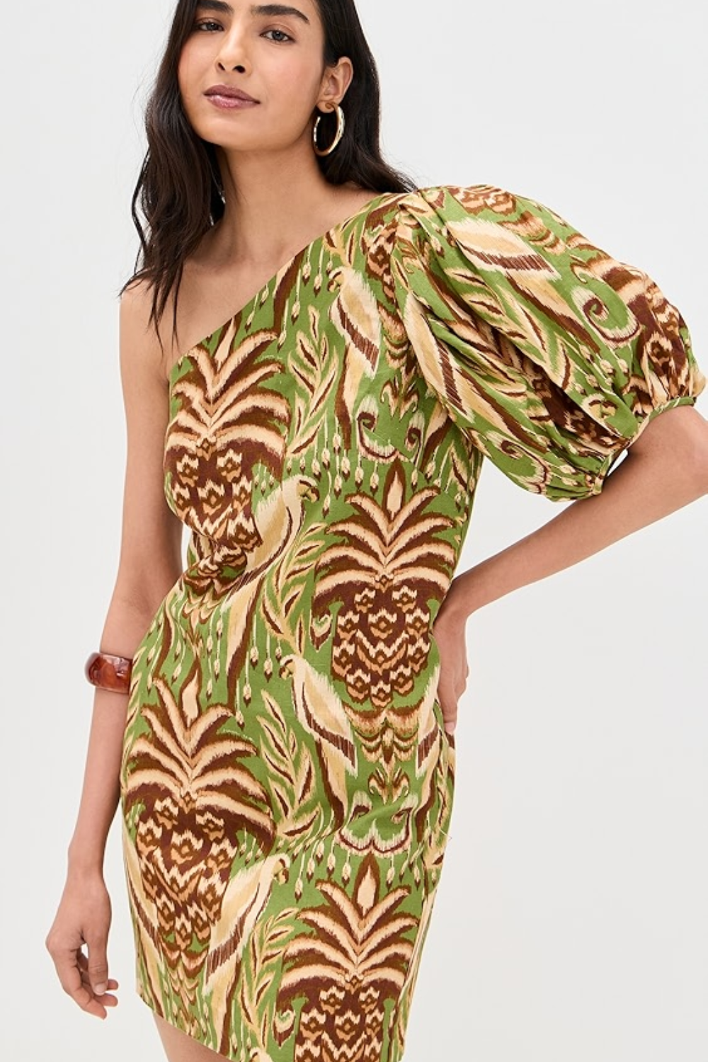 Load image into Gallery viewer, Pineapple Tapestry Green One Shoulder Buttoned Mini Dress
