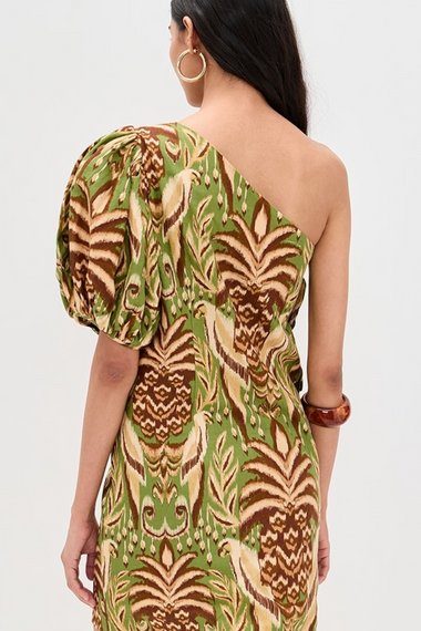Pineapple Tapestry Green One Shoulder Buttoned Mini Dress
