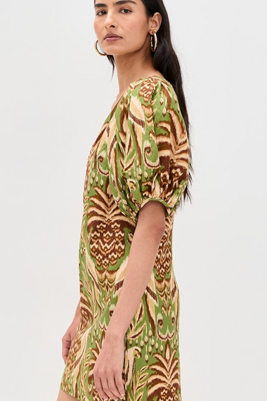 Pineapple Tapestry Green One Shoulder Buttoned Mini Dress