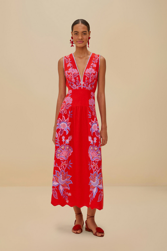 Porcelain Garden Red Midi Dress