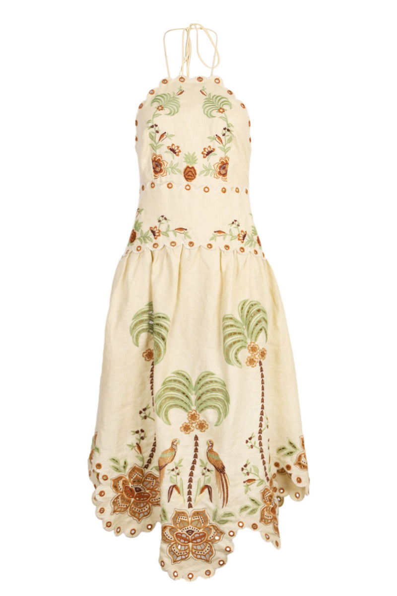 Delicate Forest Sand Richelieu Embroidered Midi Dress