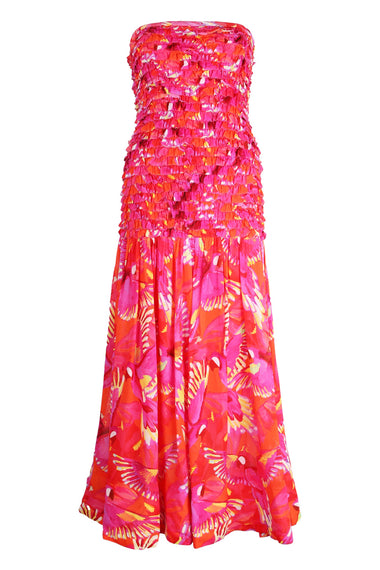 Flying Birds Orange Strapless Midi Dress
