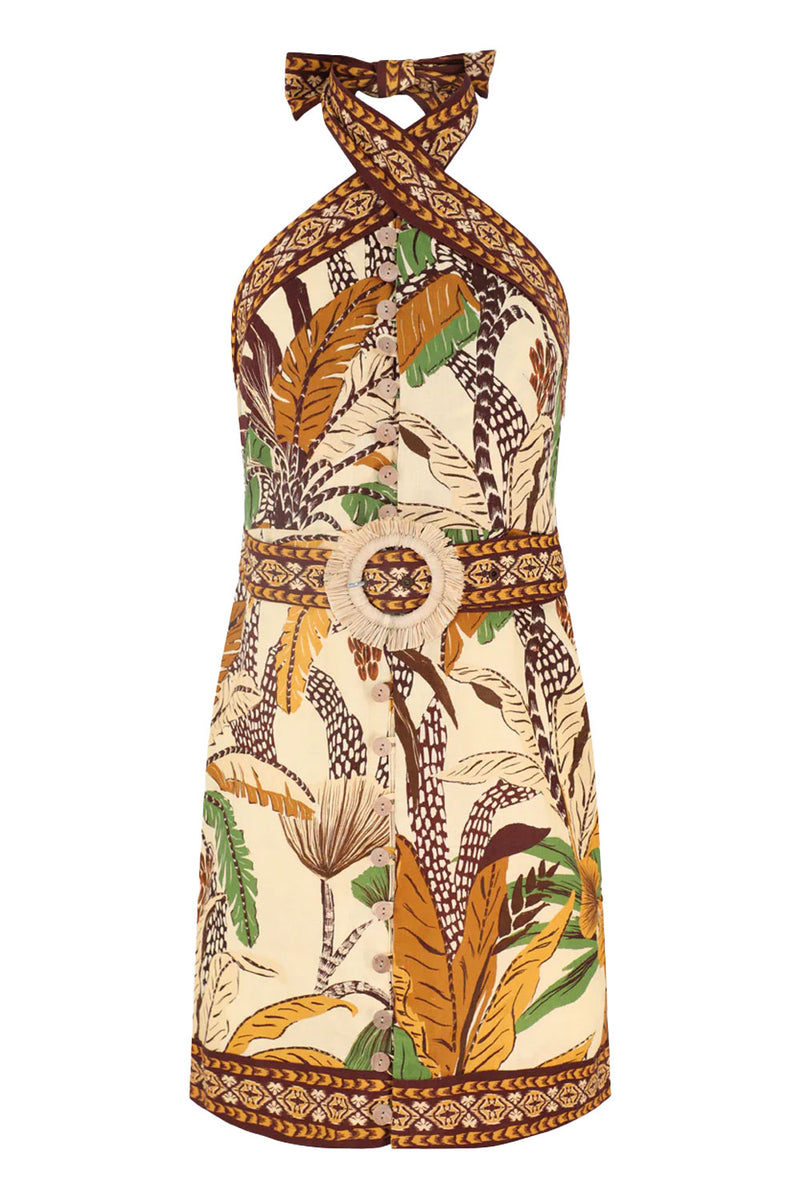 Foliage Sketch Sand Halter Neck Mini Dress