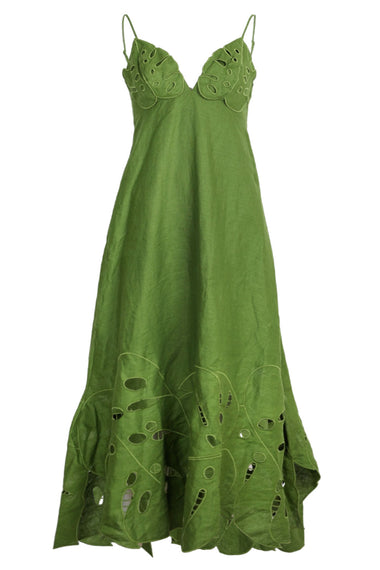 Green Monstera Embroidery Midi Dress