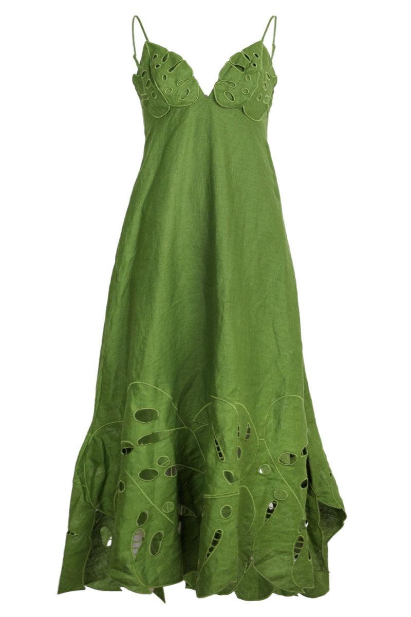 Green Monstera Embroidery Midi Dress