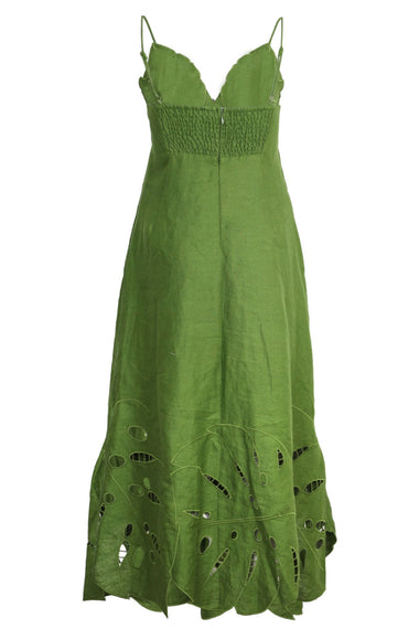 Green Monstera Embroidery Midi Dress