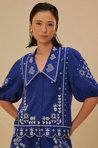 Navy Blue Short Sleeve Embroidered Shirt - Top