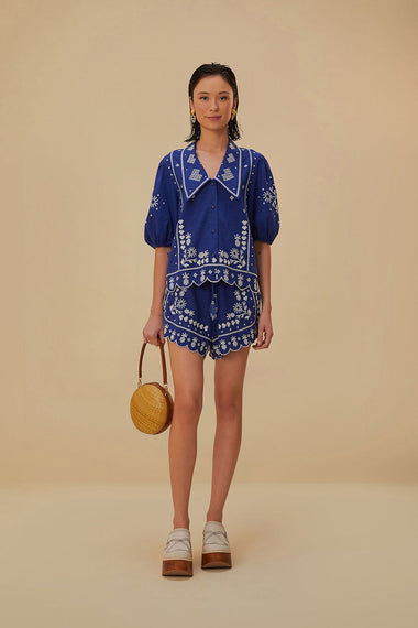 Navy Blue Short Sleeve Embroidered Shirt - Top