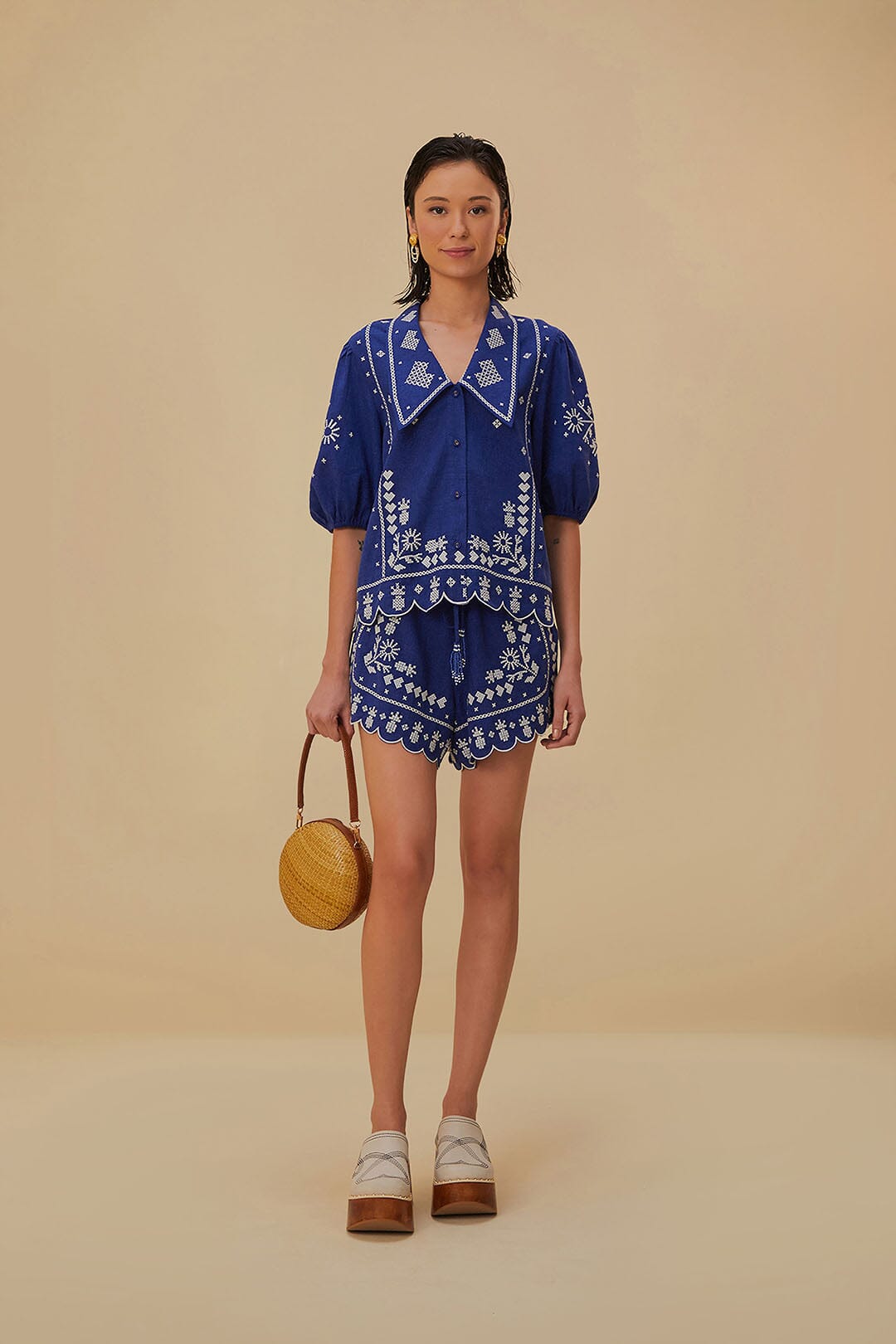 Load image into Gallery viewer, Navy Blue Short Sleeve Embroidered Shirt - Top
