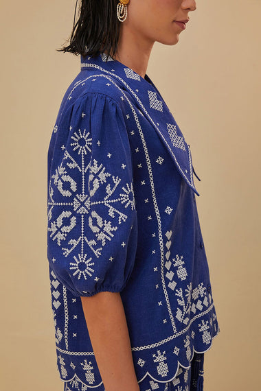 Navy Blue Short Sleeve Embroidered Shirt - Top