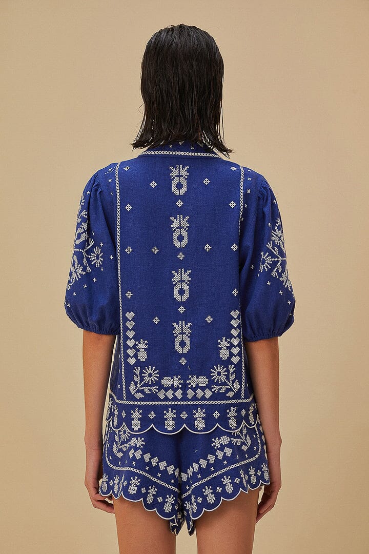 Load image into Gallery viewer, Navy Blue Short Sleeve Embroidered Shirt - Top
