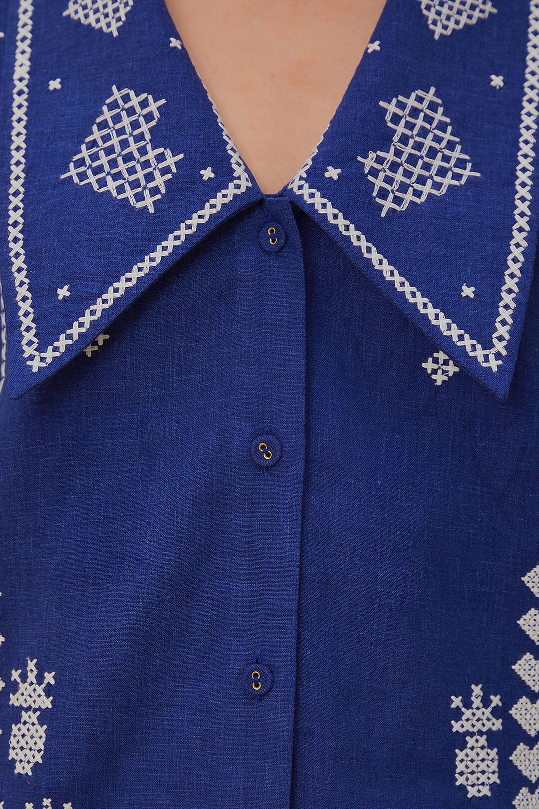 Load image into Gallery viewer, Navy Blue Short Sleeve Embroidered Shirt - Top
