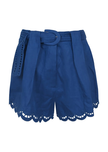 Navy Blue Richelieu Belted Linen Shorts