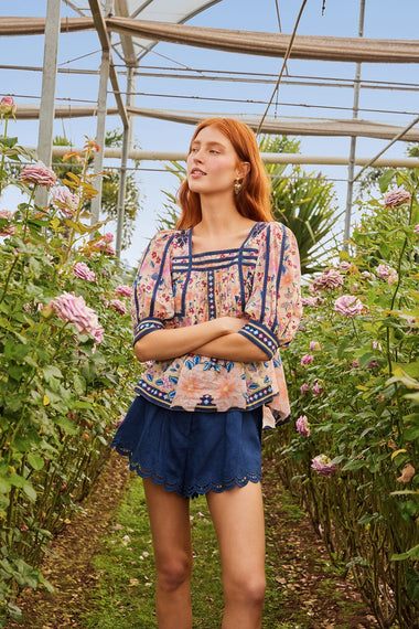 Navy Blue Richelieu Belted Linen Shorts