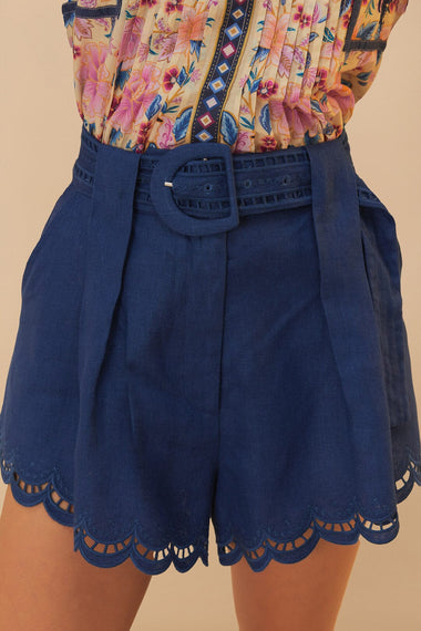 Navy Blue Richelieu Belted Linen Shorts