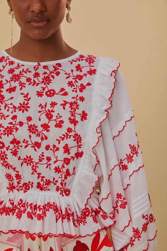 Load image into Gallery viewer, Off White With Red Embroidery Long Sleeve Blouse - Top
