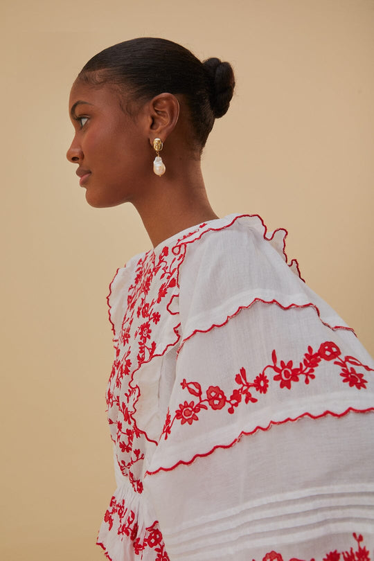 Load image into Gallery viewer, Off White With Red Embroidery Long Sleeve Blouse - Top
