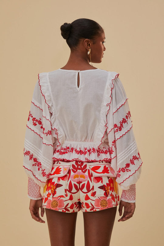 Load image into Gallery viewer, Off White With Red Embroidery Long Sleeve Blouse - Top
